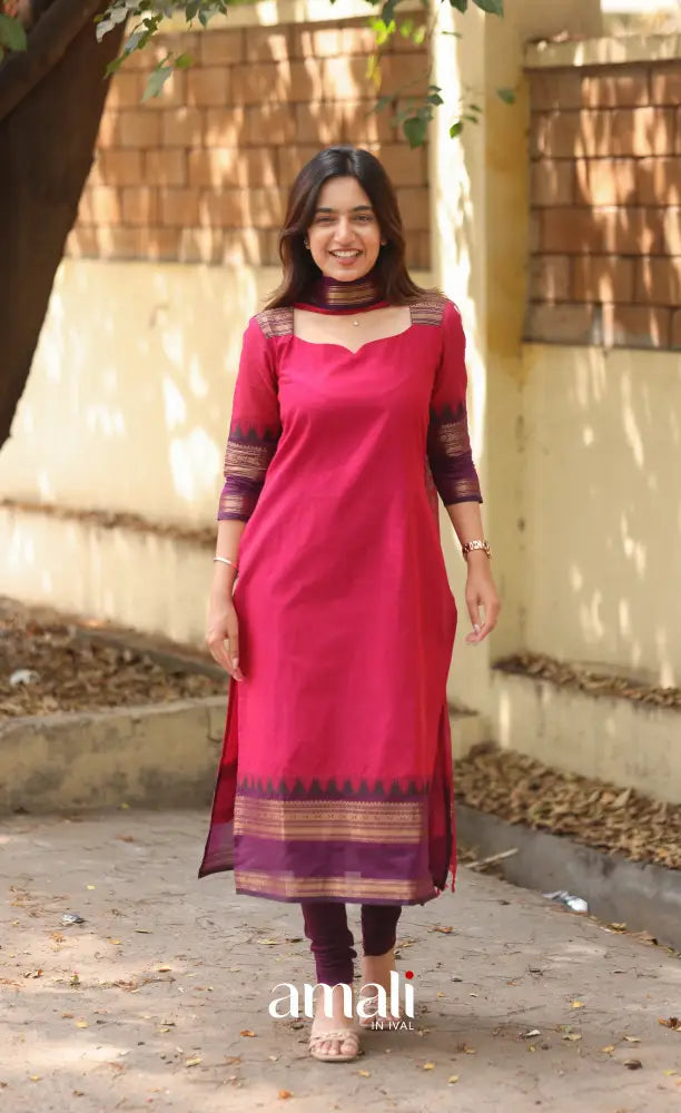 Pink and Dark Purple Chettinad Cotton Salwar Set - salwar