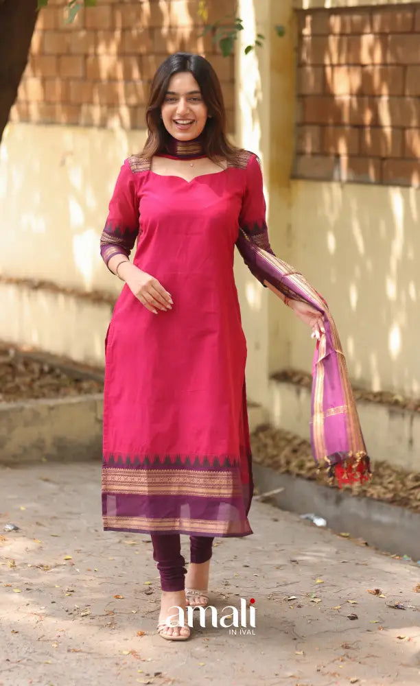 Pink and Dark Purple Chettinad Cotton Salwar Set - salwar