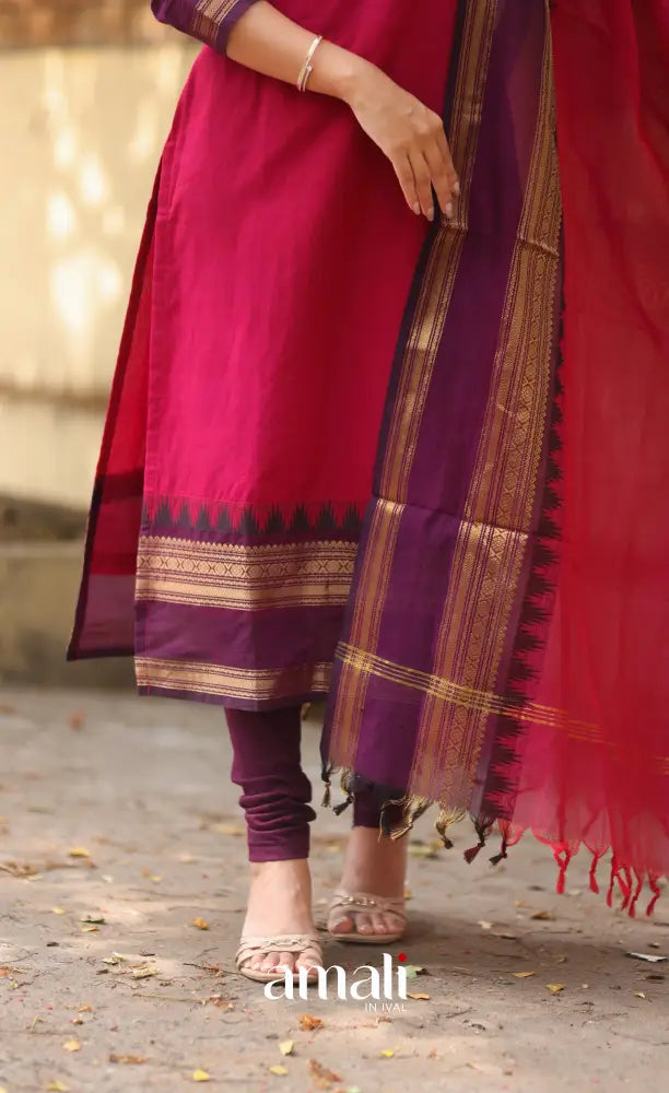 Pink and Dark Purple Chettinad Cotton Salwar Set - salwar
