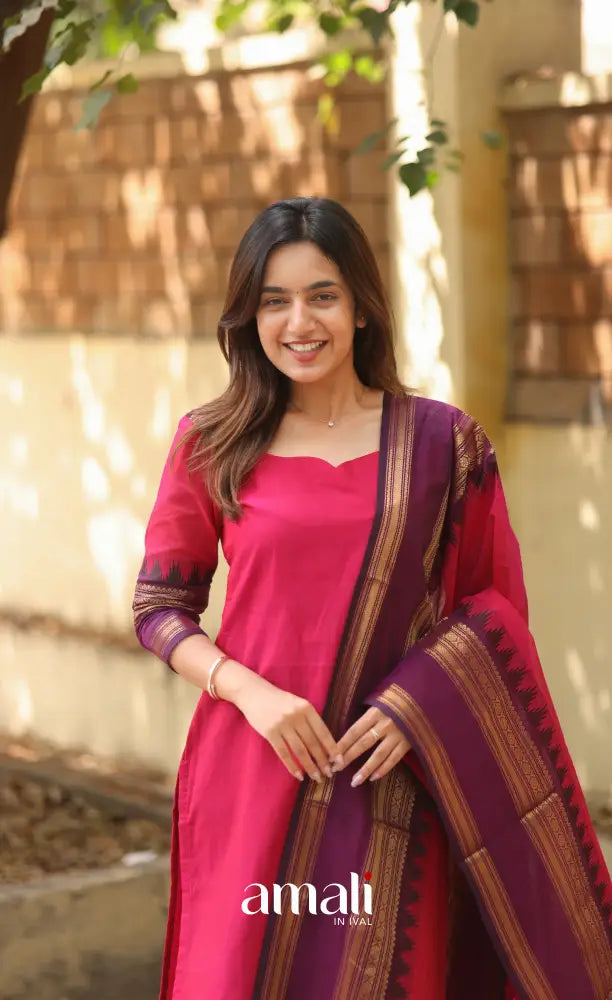 Pink and Dark Purple Chettinad Cotton Salwar Set - salwar