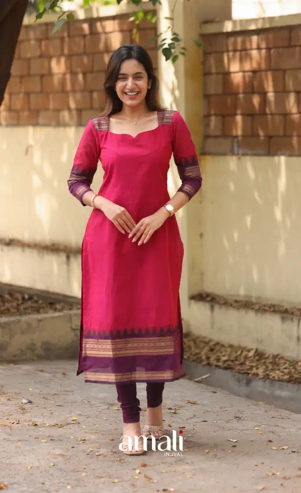 Pink and Dark Purple Chettinad Cotton Salwar Set - salwar