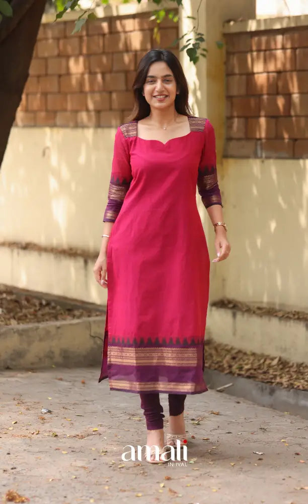 Pink and Dark Purple Chettinad Cotton Salwar Set - salwar