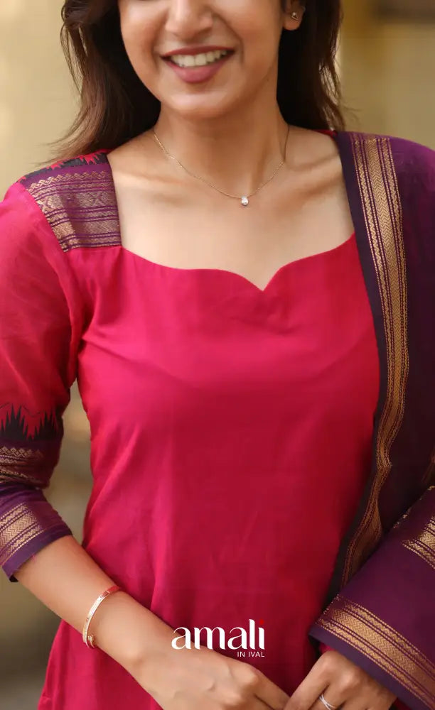 Pink and Dark Purple Chettinad Cotton Salwar Set - salwar