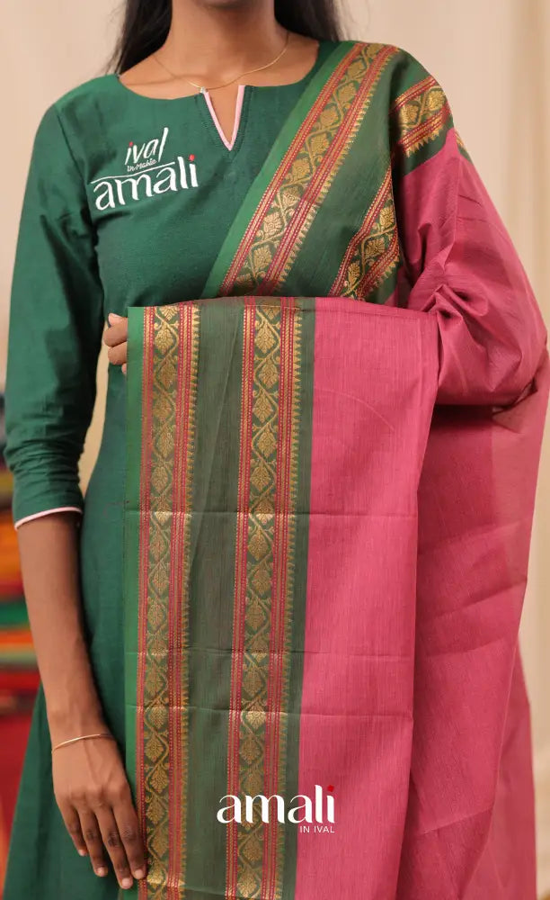 Pink With Bottle Green Chettinad Cotton Dupatta salwar
