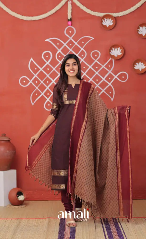 Plumish dark brown with Brownish beige Chettinad Cotton Salwar - salwar