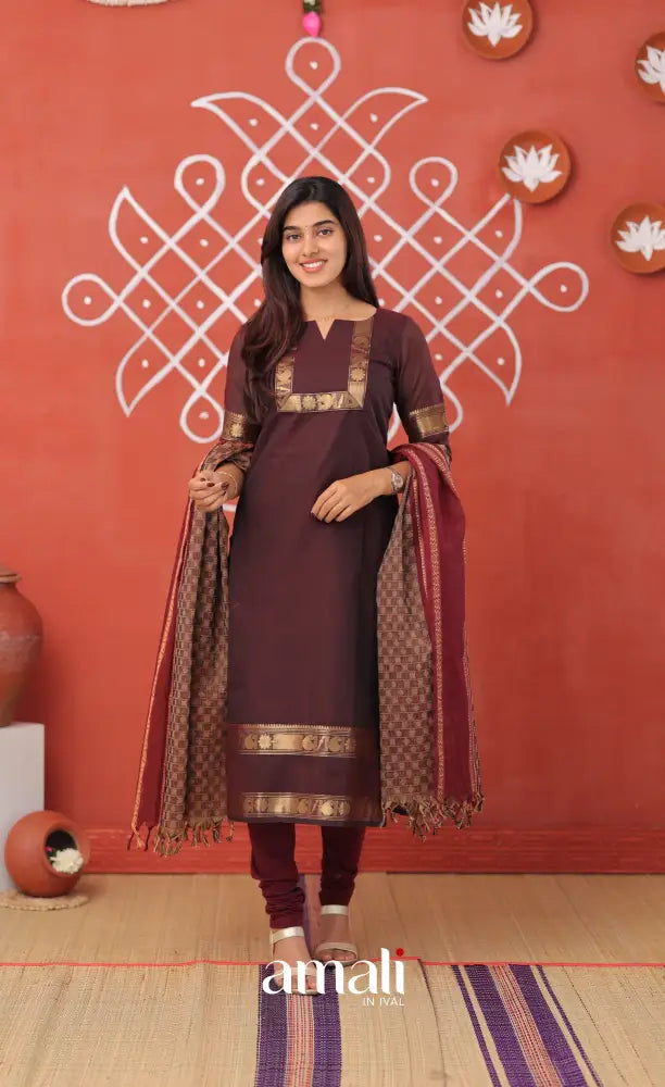 Plumish dark brown with Brownish beige Chettinad Cotton Salwar - salwar