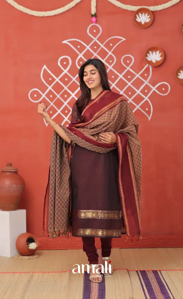 Plumish dark brown with Brownish beige Chettinad Cotton Salwar - salwar