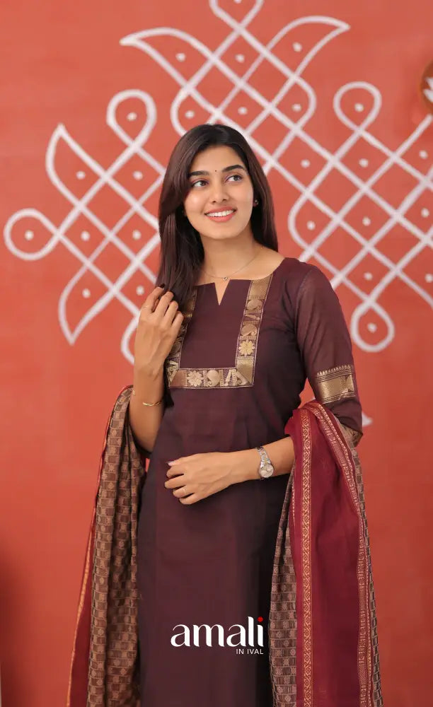 Plumish dark brown with Brownish beige Chettinad Cotton Salwar - salwar
