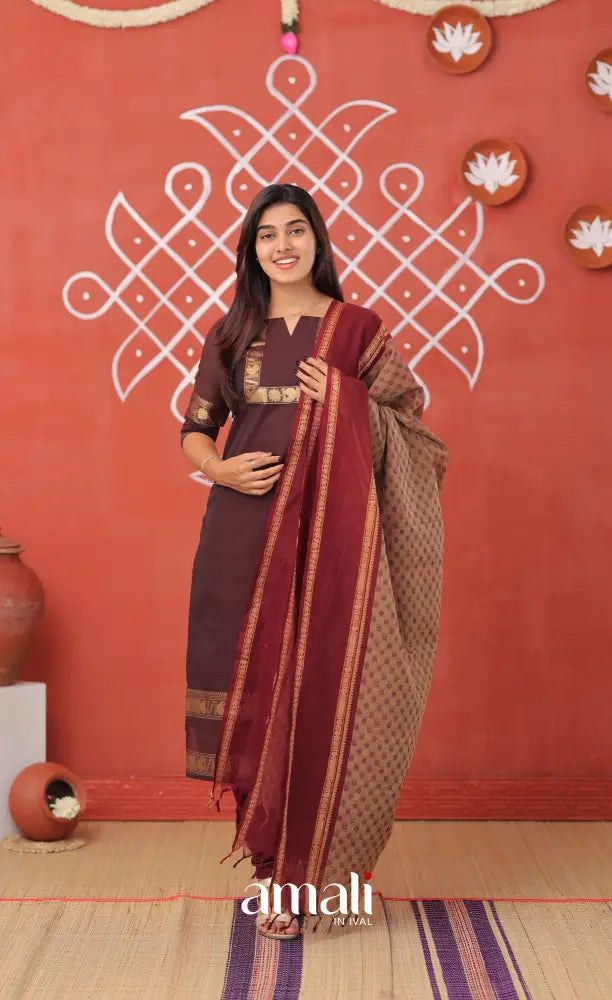 Plumish dark brown with Brownish beige Chettinad Cotton Salwar - salwar