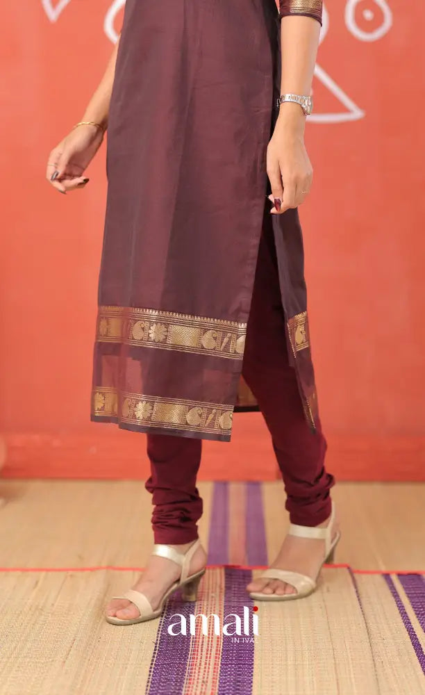 Plumish dark brown with Brownish beige Chettinad Cotton Salwar - salwar