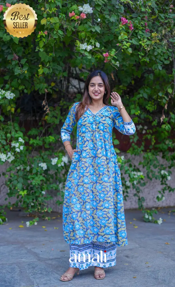 Priyo - Blue and White Jaipur Print Cotton A-line kurti and pant - salwar