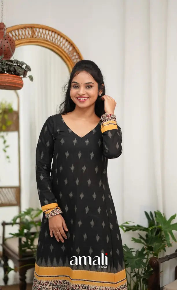 Priyo co-ord set - Black and Yellow Cotton A-Line Top with Pant - salwar