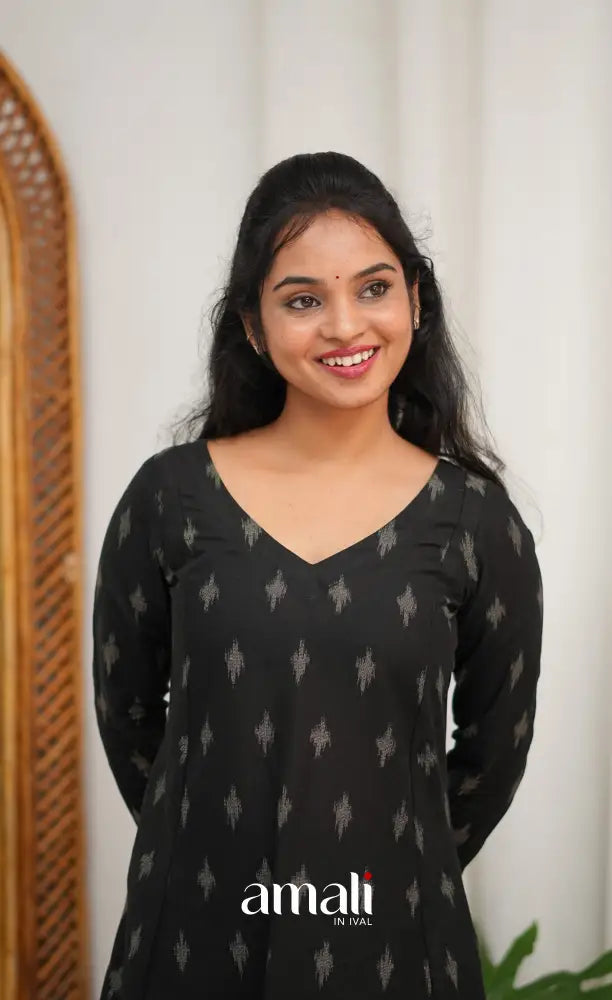 Priyo co-ord set - Black and Yellow Cotton A-Line Top with Pant - salwar