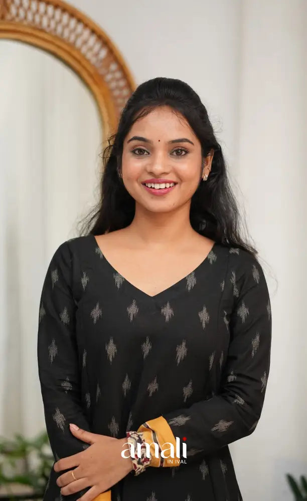 Priyo co-ord set - Black and Yellow Cotton A-Line Top with Pant - salwar