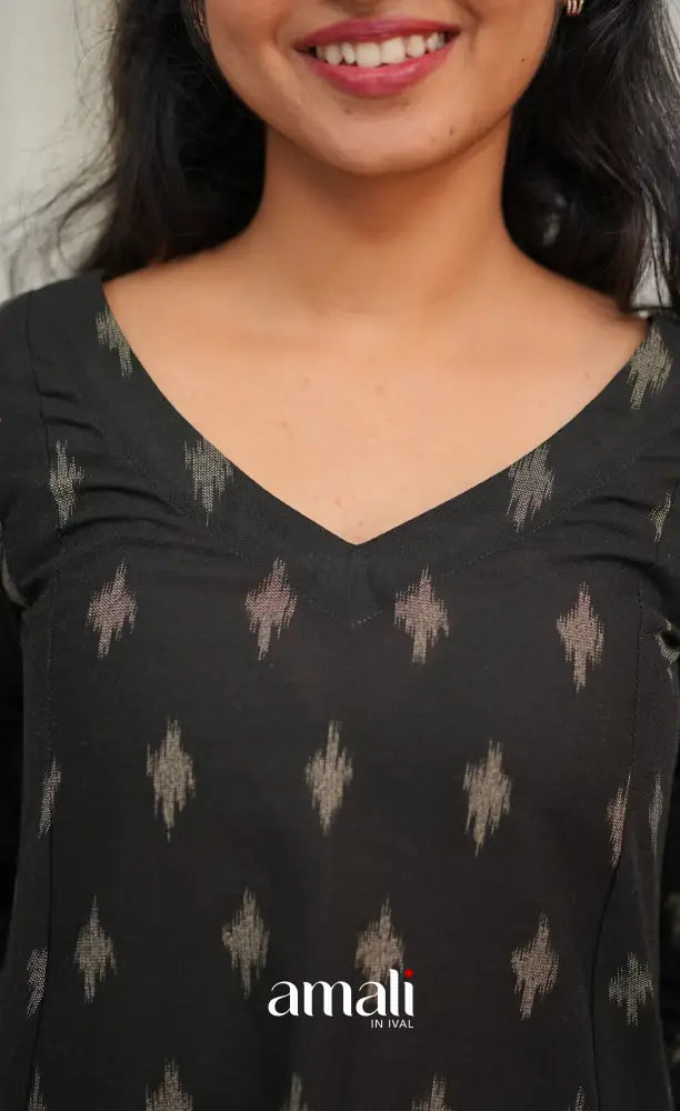 Priyo co-ord set - Black and Yellow Cotton A-Line Top with Pant - salwar