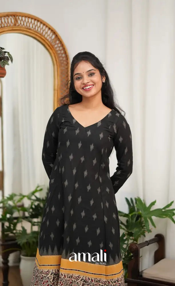 Priyo co-ord set - Black and Yellow Cotton A-Line Top with Pant - salwar