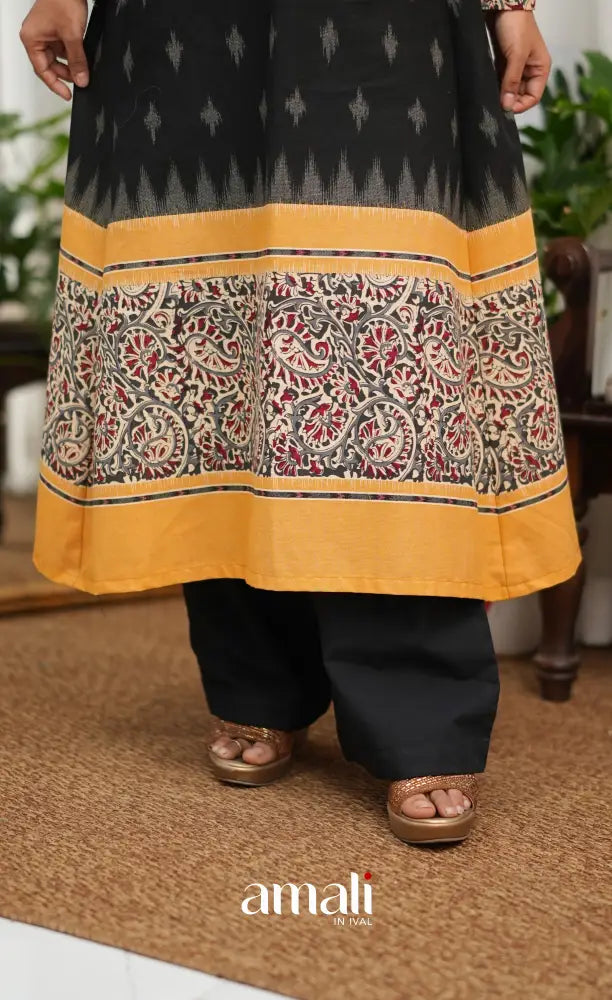 Priyo co-ord set - Black and Yellow Cotton A-Line Top with Pant - salwar