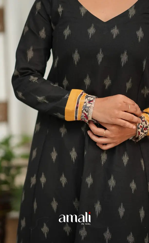 Priyo co-ord set - Black and Yellow Cotton A-Line Top with Pant - salwar