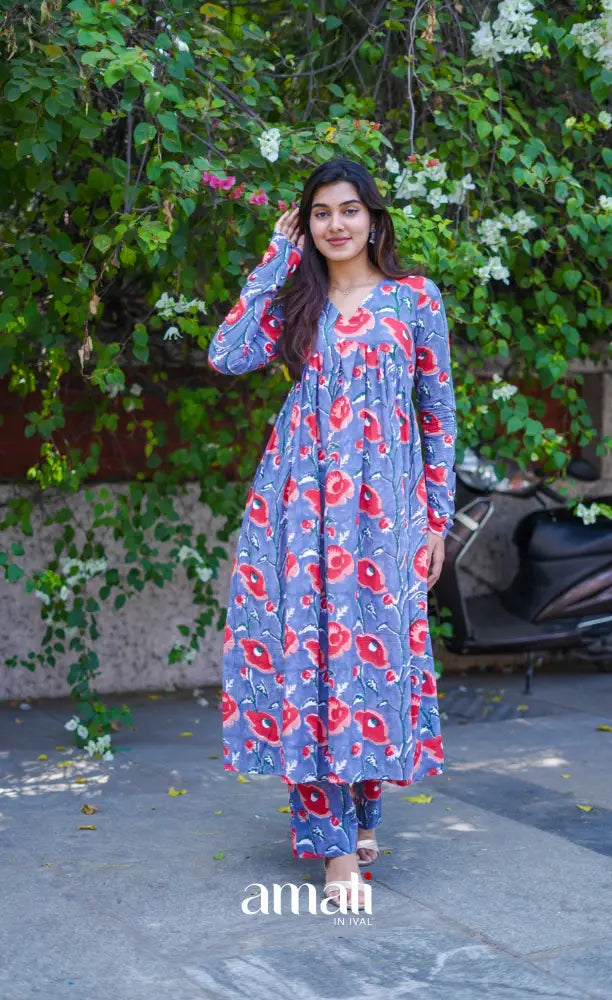 Priyo co-ord set - Blueish Grey Floral Jaipur hand block printed Cotton Co-ord Set - salwar