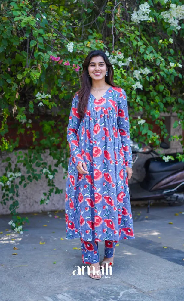 Priyo co-ord set - Blueish Grey Floral Jaipur hand block printed Cotton Co-ord Set - salwar
