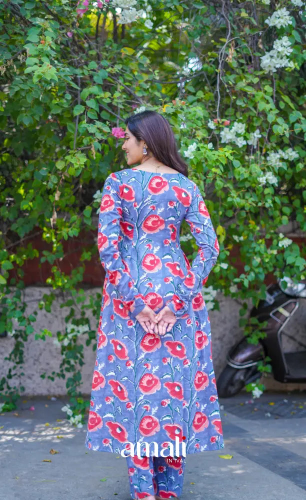 Priyo co-ord set - Blueish Grey Floral Jaipur hand block printed Cotton Co-ord Set - salwar