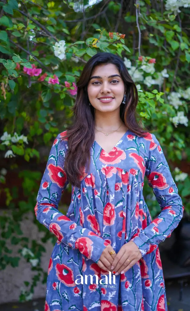 Priyo co-ord set - Blueish Grey Floral Jaipur hand block printed Cotton Co-ord Set - salwar