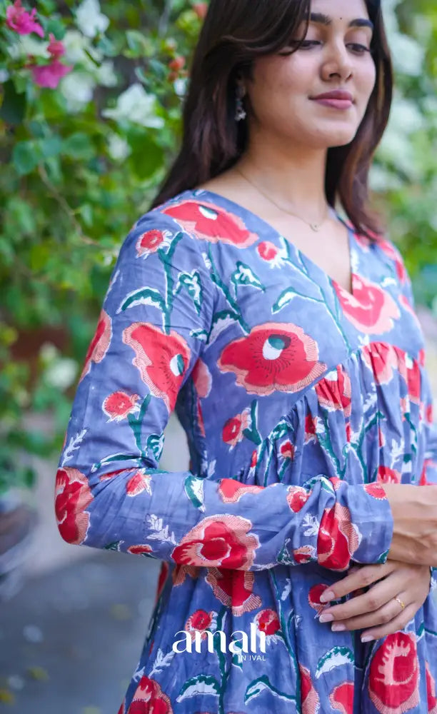 Priyo co-ord set - Blueish Grey Floral Jaipur hand block printed Cotton Co-ord Set - salwar