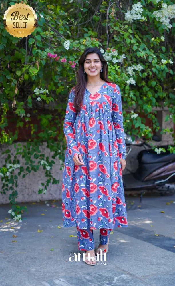 Priyo co-ord set - Blueish Grey Floral Jaipur hand block printed Cotton Co-ord Set - salwar