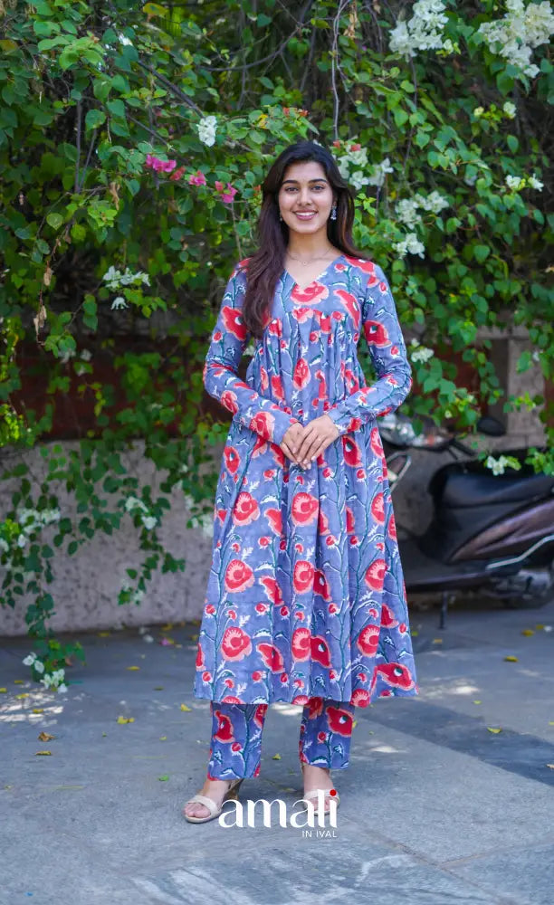 Priyo co-ord set - Blueish Grey Floral Jaipur hand block printed Cotton Co-ord Set - salwar