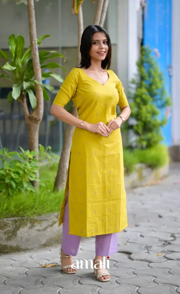 Priyo co-ord set- Lime Yellow and Lavender Handloom Cotton salwar