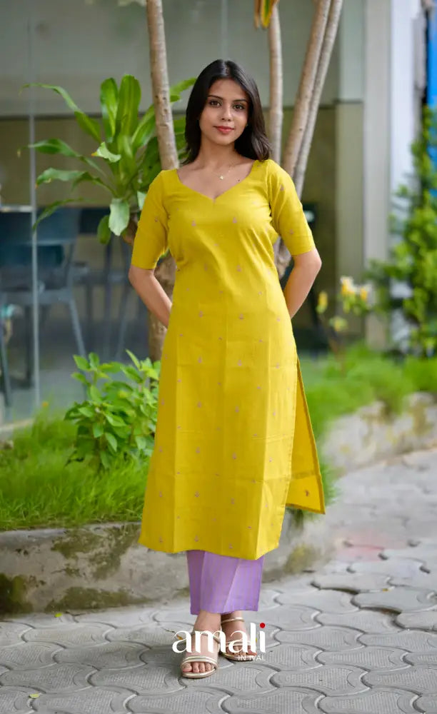 Priyo co-ord set- Lime Yellow and Lavender Handloom Cotton salwar
