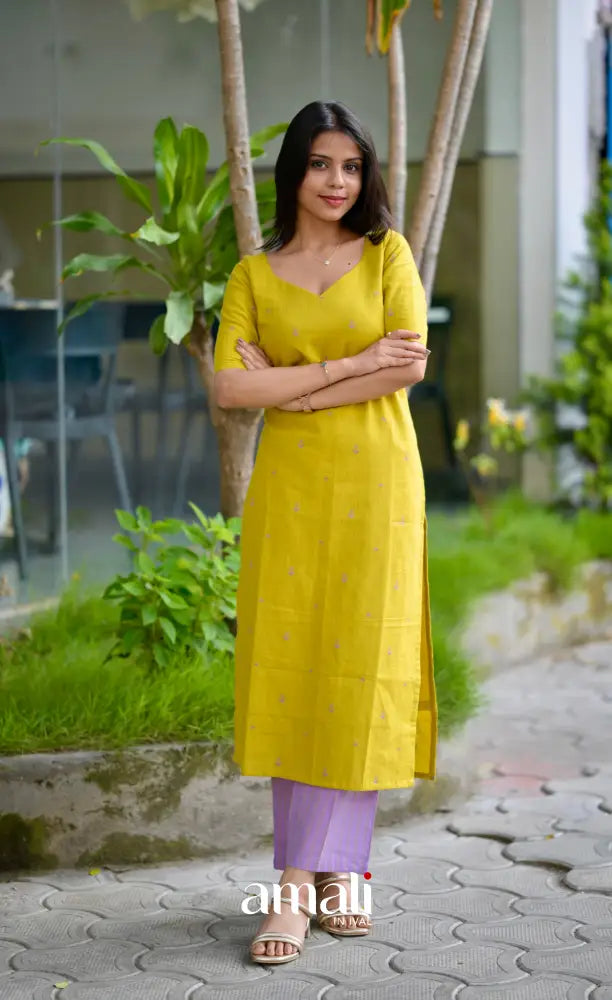 Priyo co-ord set- Lime Yellow and Lavender Handloom Cotton salwar