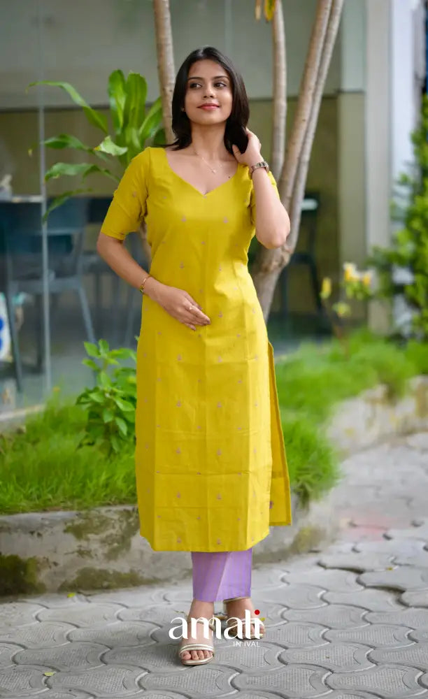 Priyo co-ord set- Lime Yellow and Lavender Handloom Cotton salwar