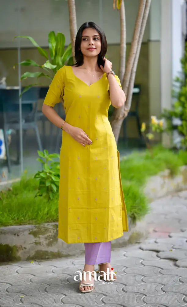 Priyo co-ord set- Lime Yellow and Lavender Handloom Cotton salwar