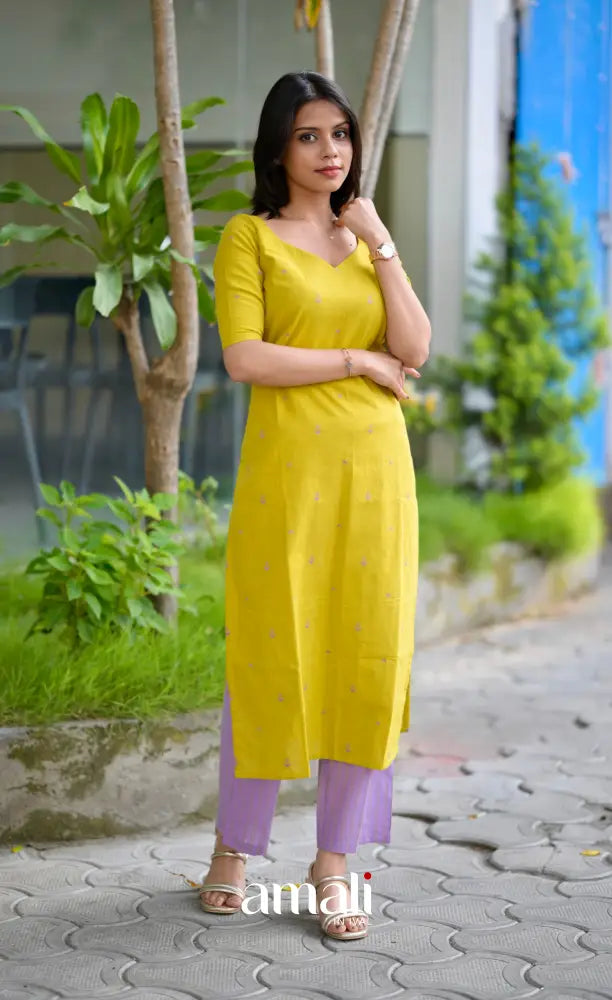 Priyo co-ord set- Lime Yellow and Lavender Handloom Cotton salwar