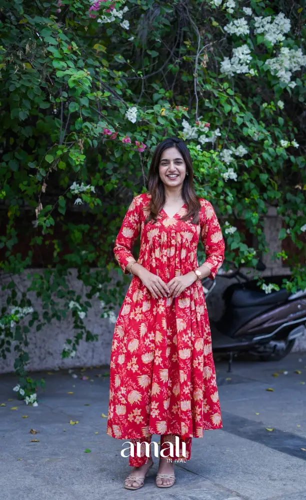 Priyo co-ord set - Red Floral Jaipur hand block printed Cotton Co-ord Set - salwar
