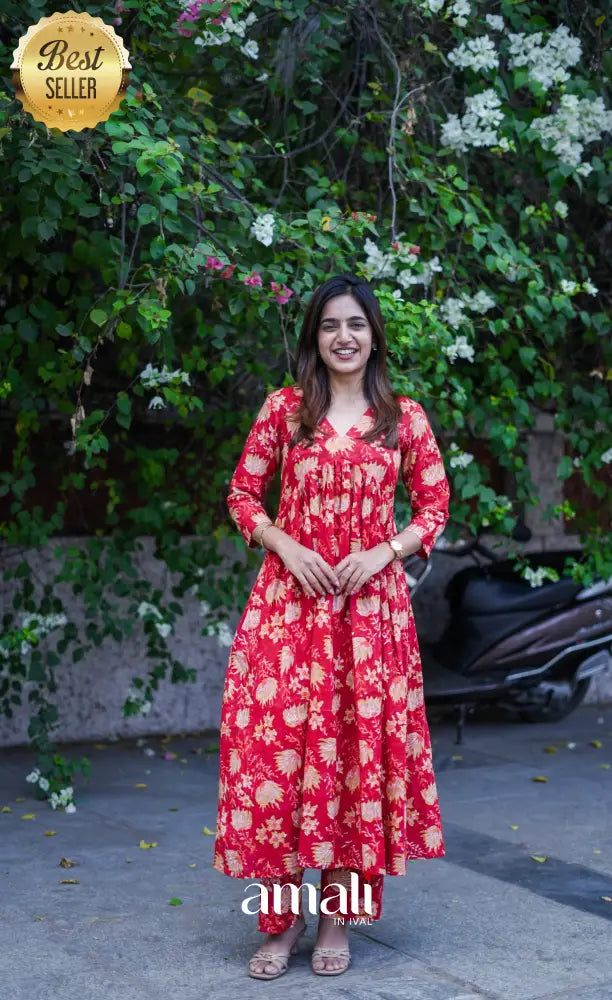 Priyo co-ord set - Red Floral Jaipur hand block printed Cotton Co-ord Set - salwar