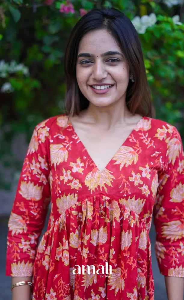Priyo co-ord set - Red Floral Jaipur hand block printed Cotton Co-ord Set - salwar