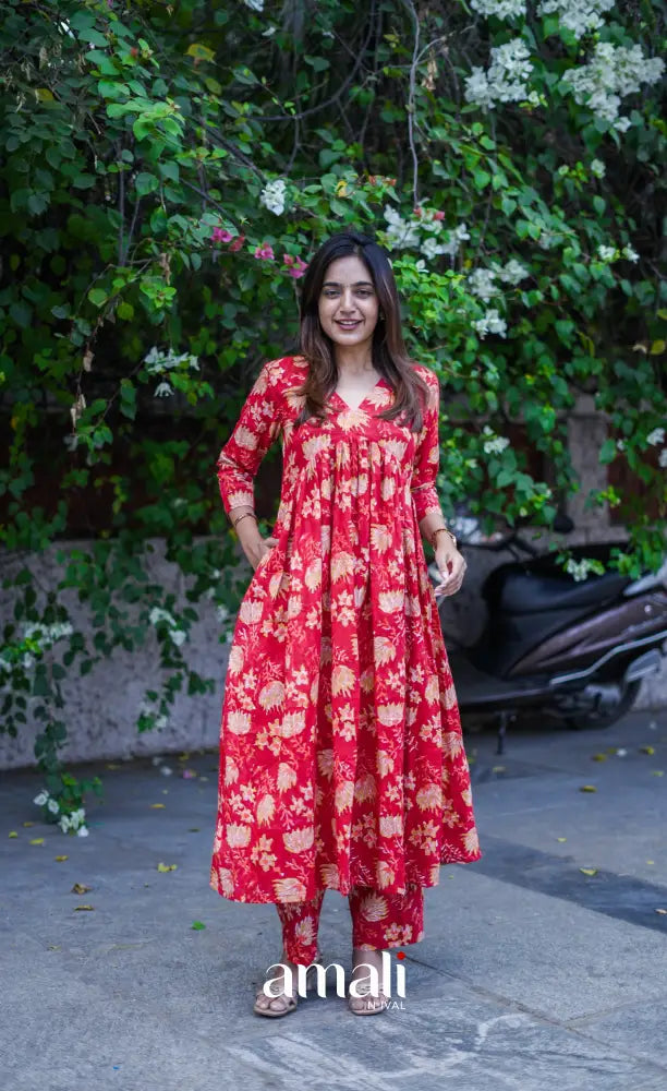 Priyo co-ord set - Red Floral Jaipur hand block printed Cotton Co-ord Set - salwar