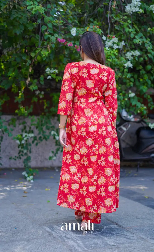 Priyo co-ord set - Red Floral Jaipur hand block printed Cotton Co-ord Set - salwar