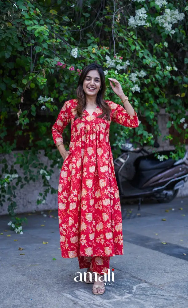 Priyo co-ord set - Red Floral Jaipur hand block printed Cotton Co-ord Set - salwar