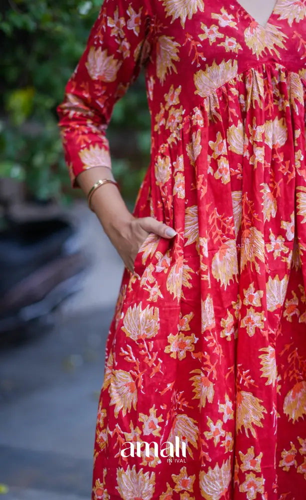 Priyo co-ord set - Red Floral Jaipur hand block printed Cotton Co-ord Set - salwar