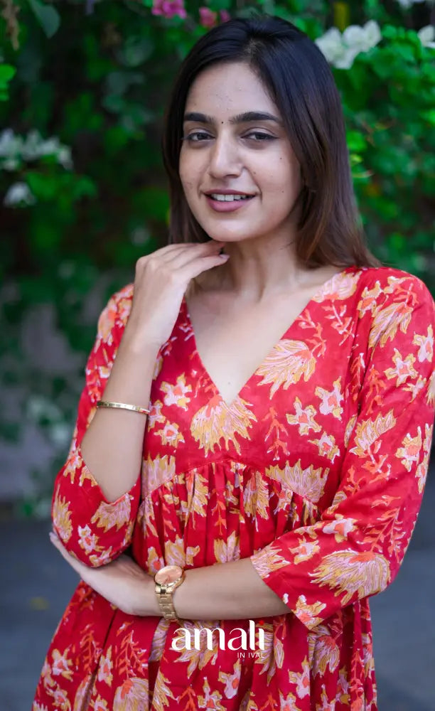Priyo co-ord set - Red Floral Jaipur hand block printed Cotton Co-ord Set - salwar
