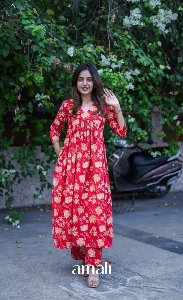 Priyo co-ord set - Red Floral Jaipur hand block printed Cotton Co-ord Set - salwar