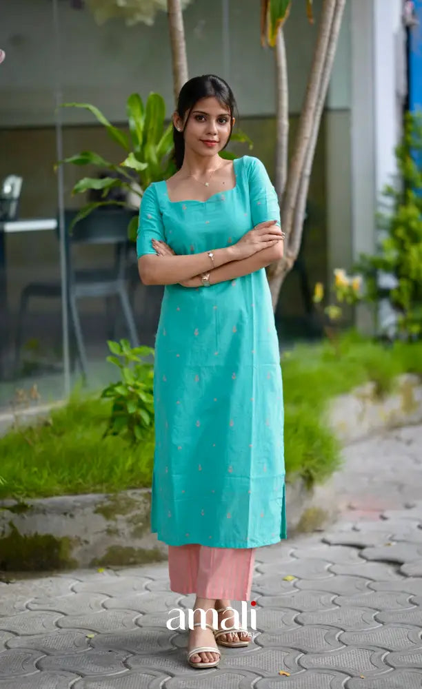 Priyo co-ord set- Teal Blue and Peach Handloom Cotton salwar