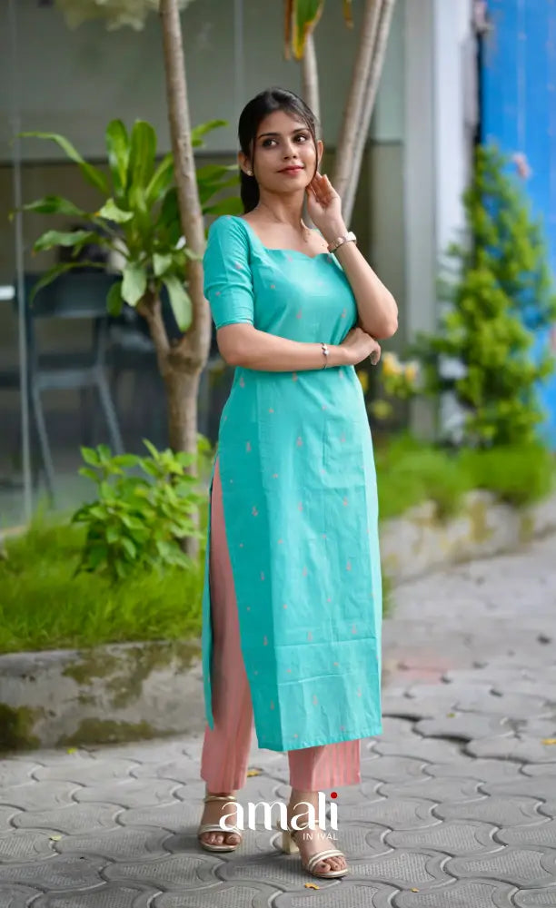 Priyo co-ord set- Teal Blue and Peach Handloom Cotton salwar