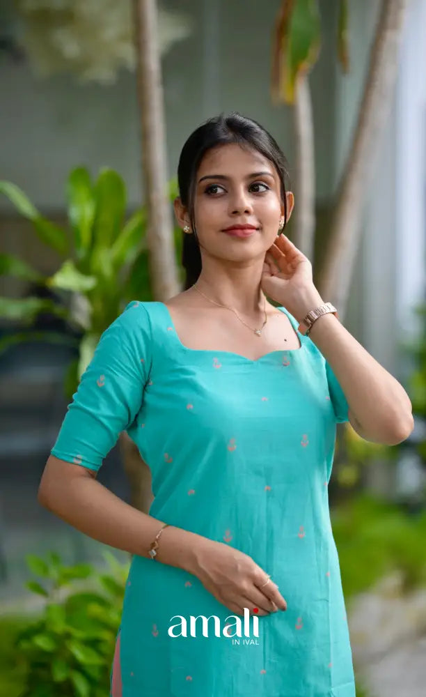 Priyo co-ord set- Teal Blue and Peach Handloom Cotton salwar