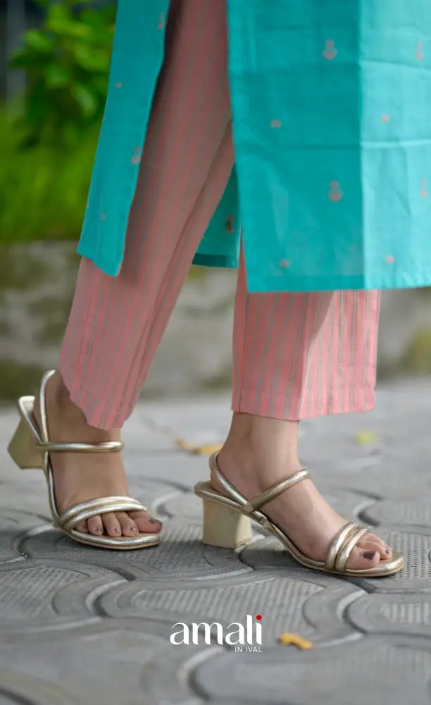 Priyo co-ord set- Teal Blue and Peach Handloom Cotton salwar