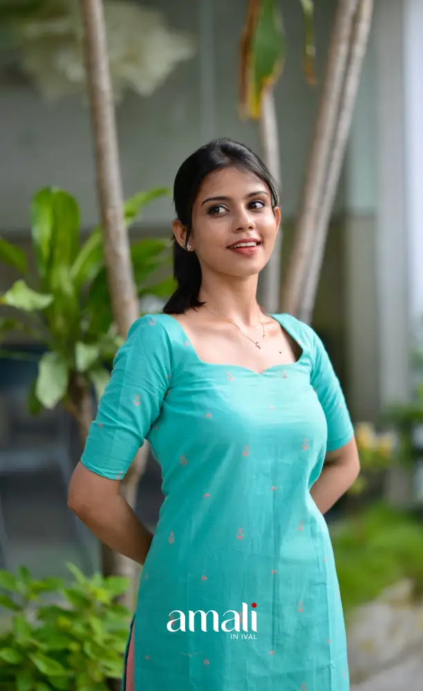 Priyo co-ord set- Teal Blue and Peach Handloom Cotton salwar