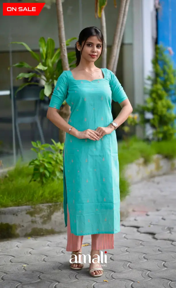 Priyo co-ord set- Teal Blue and Peach Handloom Cotton salwar